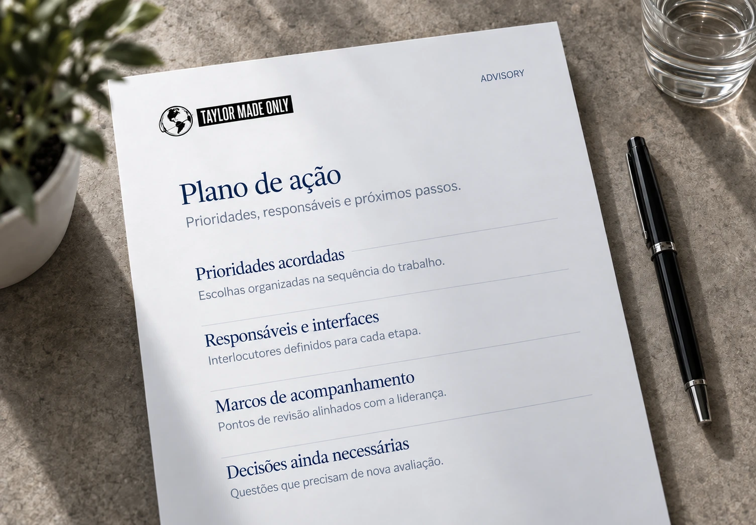 Exemplo ilustrativo do material de plano de ação, sobre uma mesa.