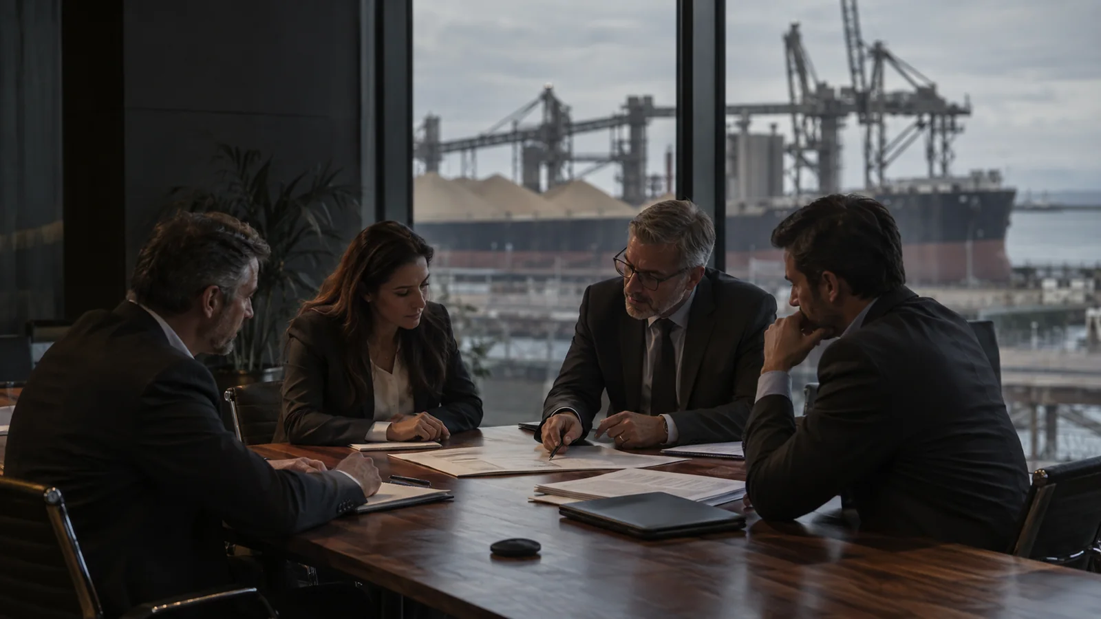 Cena ilustrativa de uma negociação empresarial com terminal portuário ao fundo.