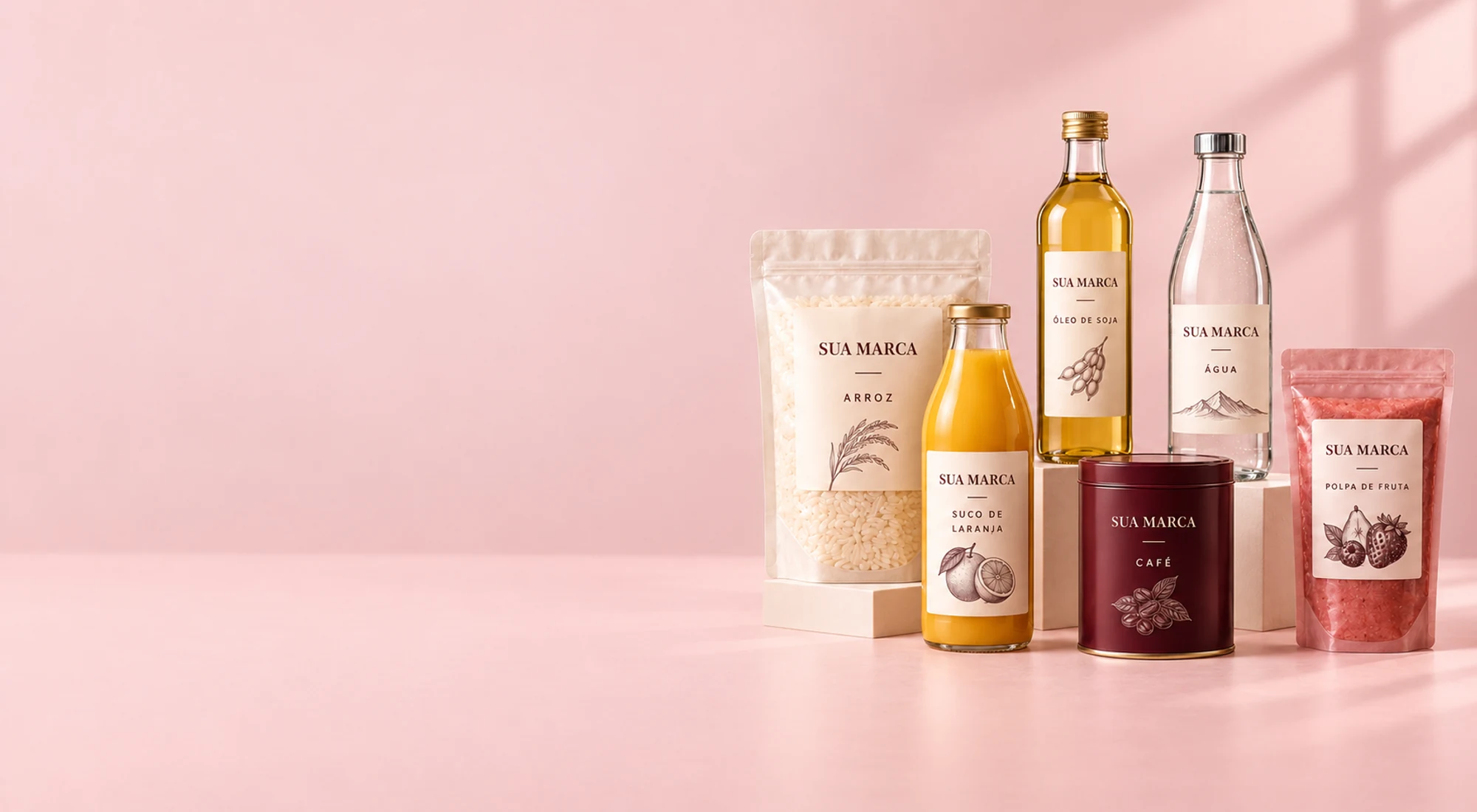 Coleção ilustrativa de alimentos e bebidas em embalagens creme e vinho, com uma identidade comum.